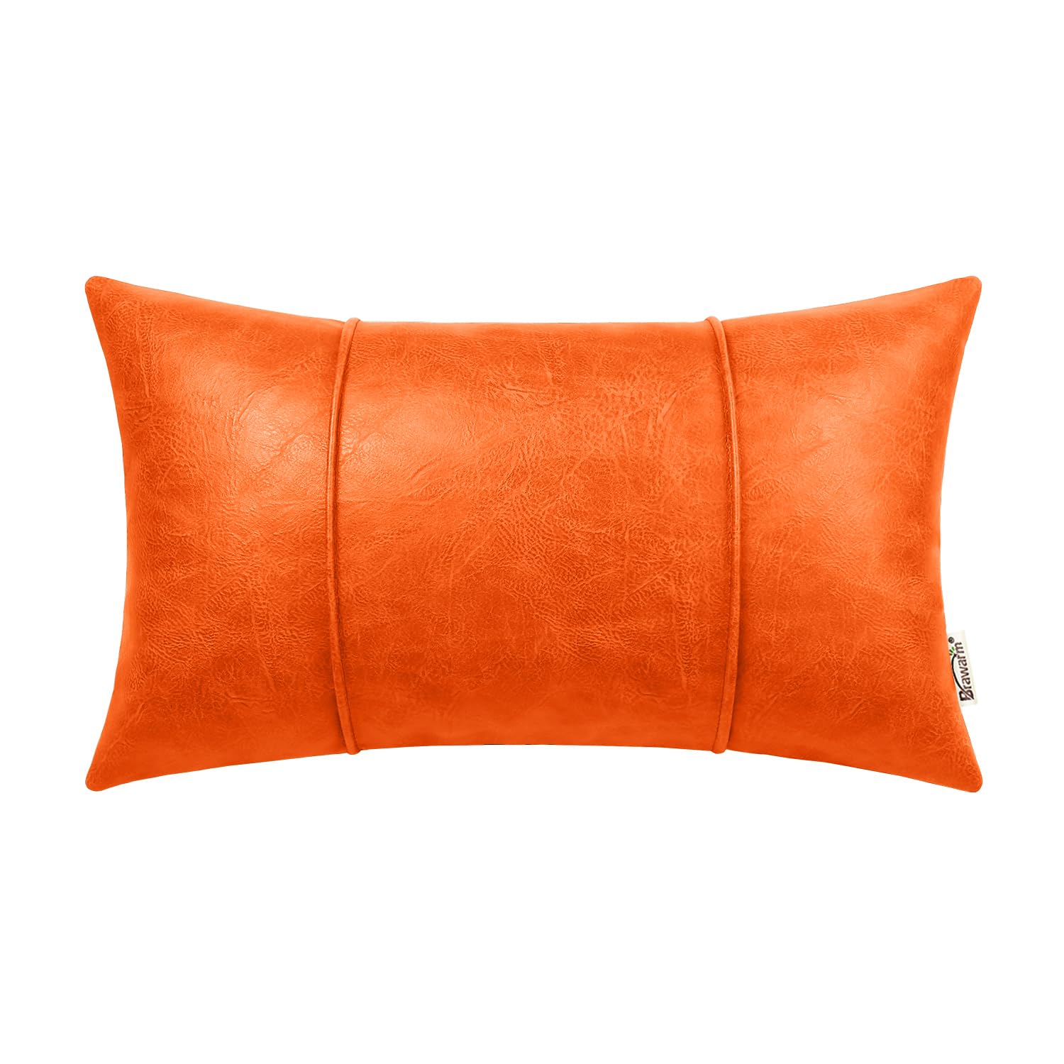 Brawarm Orange Leather Throw Pillow Covers 12 X 20 Inches - Faux Leather Lumbar Pillow Cover With Piping, Hand Stitched Leather